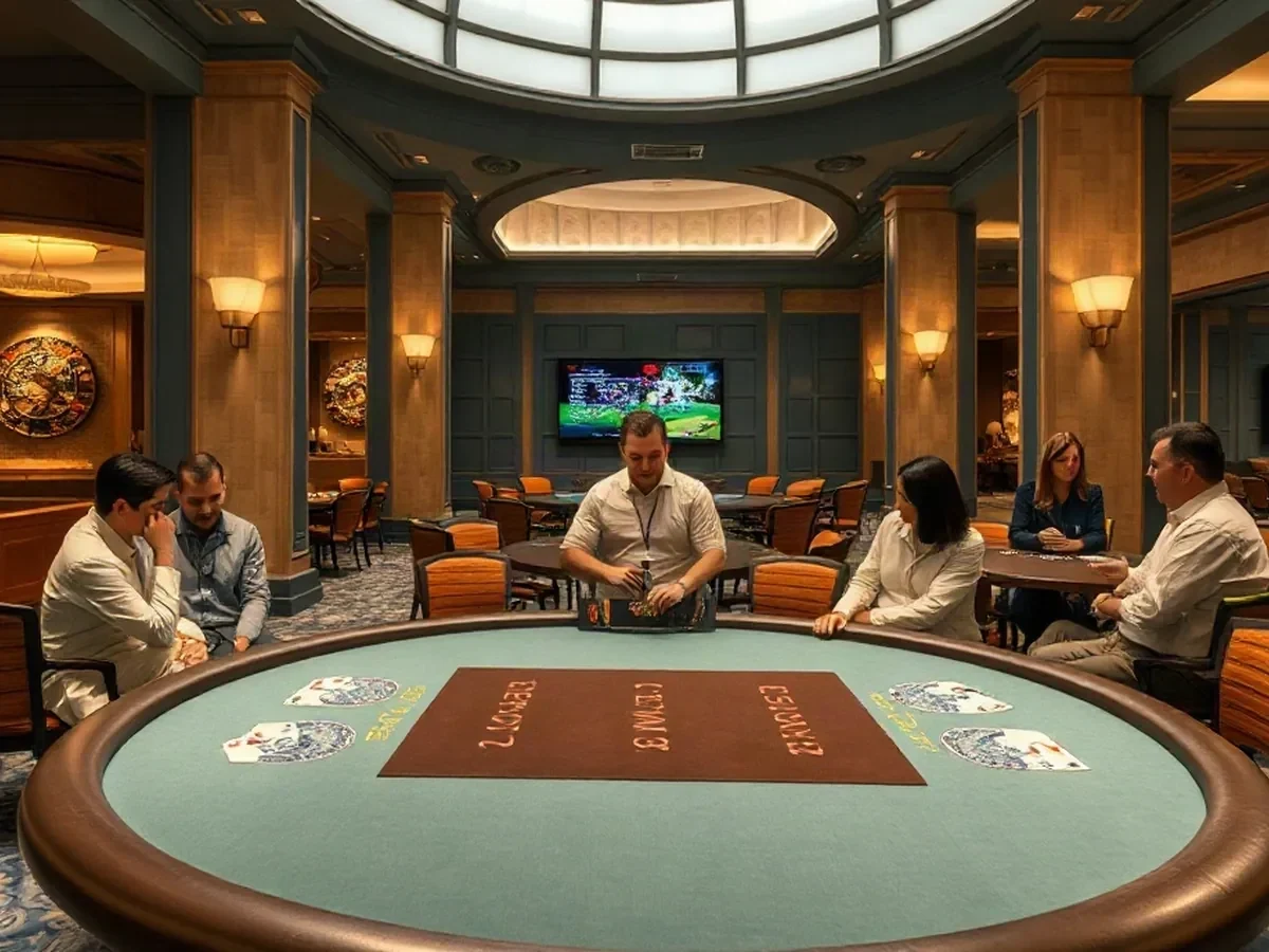 A dealer table with visitors gathered around it.