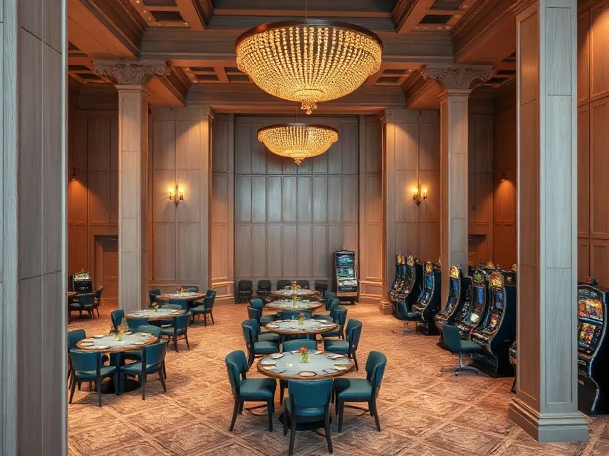 A casino gaming floor with table areas and rows of slot machines.