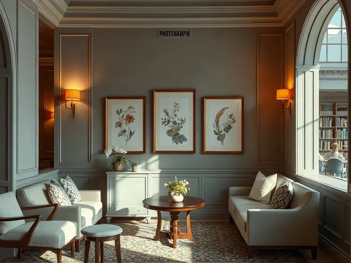A quiet lounge corner with pale-oak seating and botanical details.