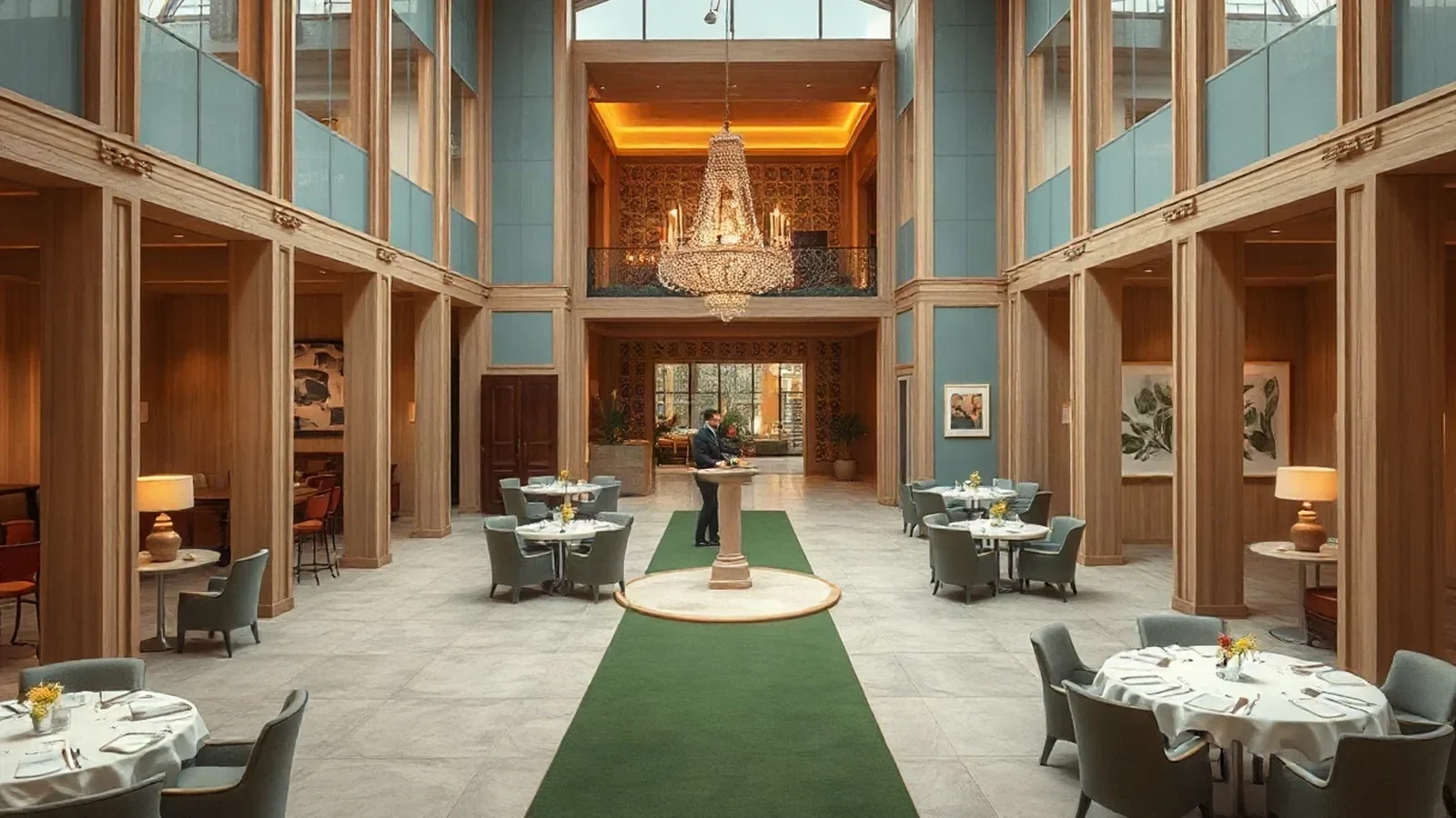 A broad view across a casino floor toward a dining area, with clay-blue panels and pale oak.